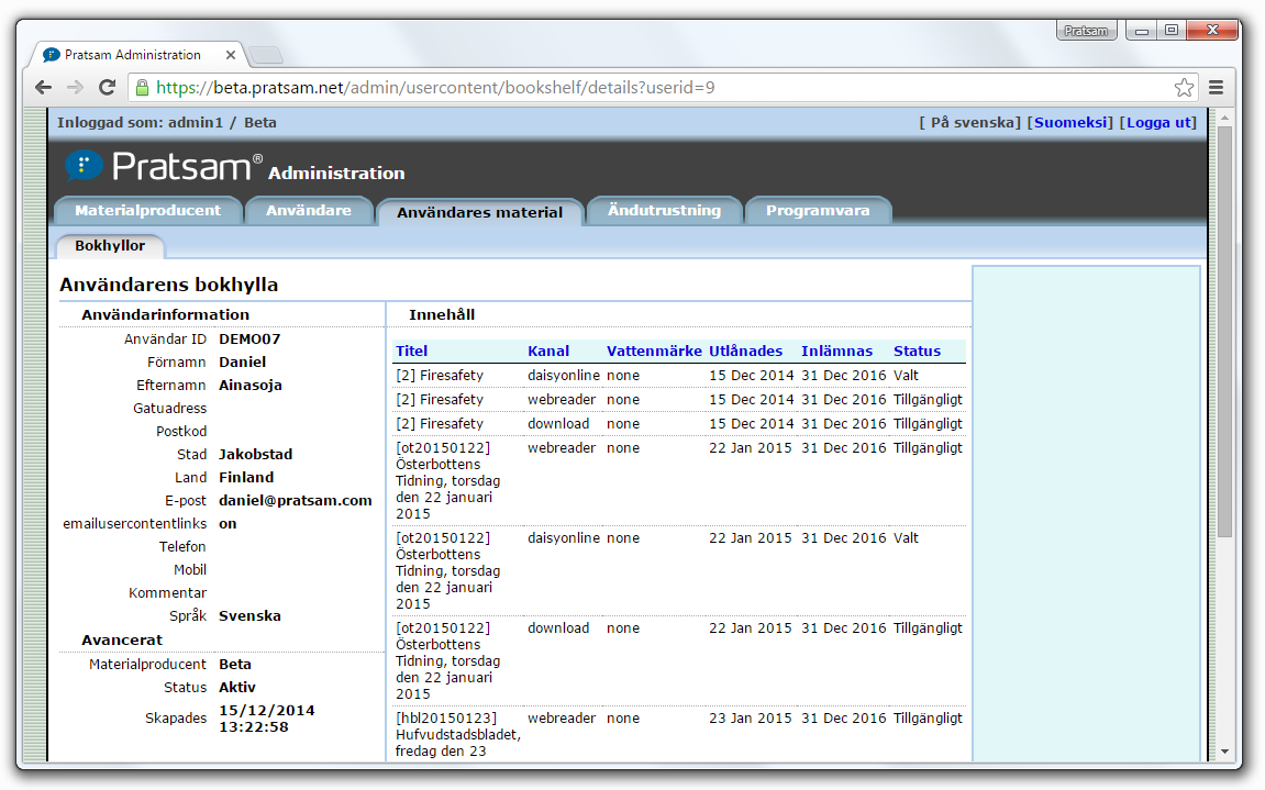 Pratsam Server - Hallintasivut nettiselaimessa