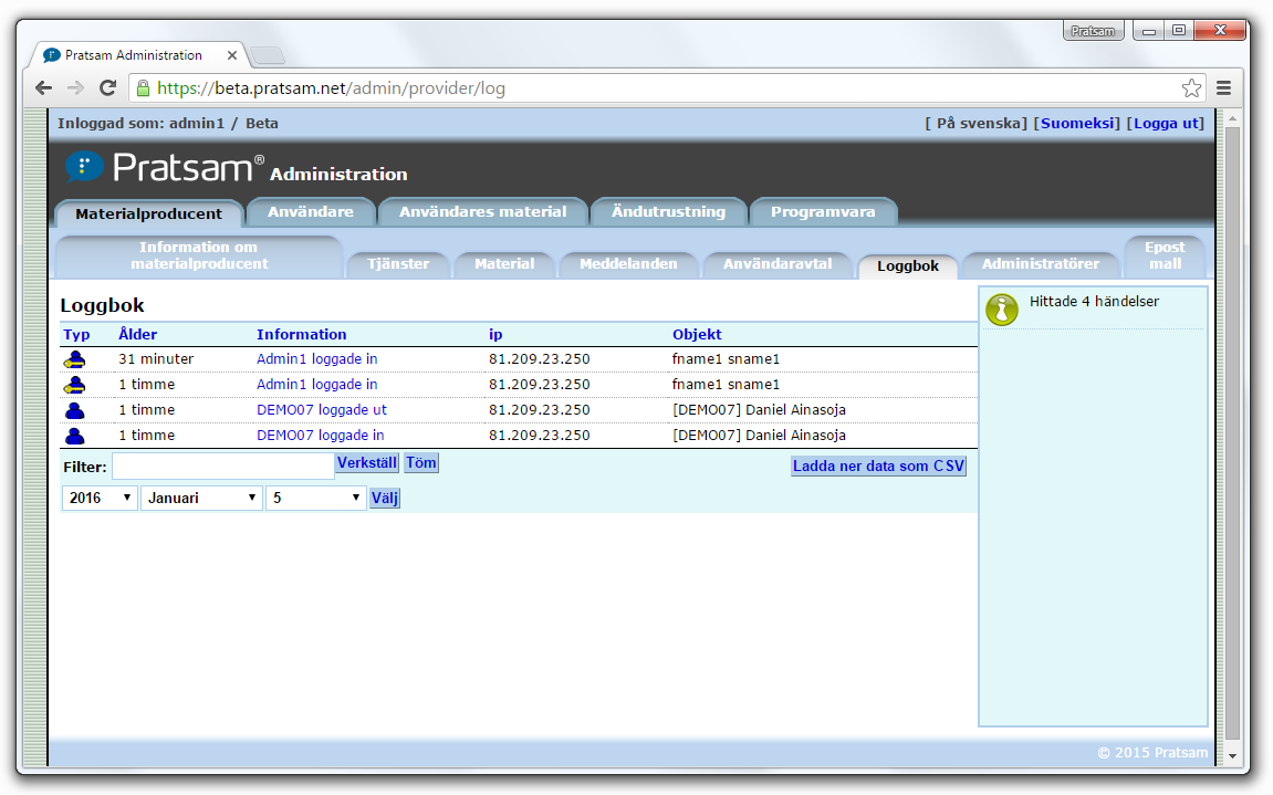 Pratsam Server - Hallintasivut nettiselaimessa